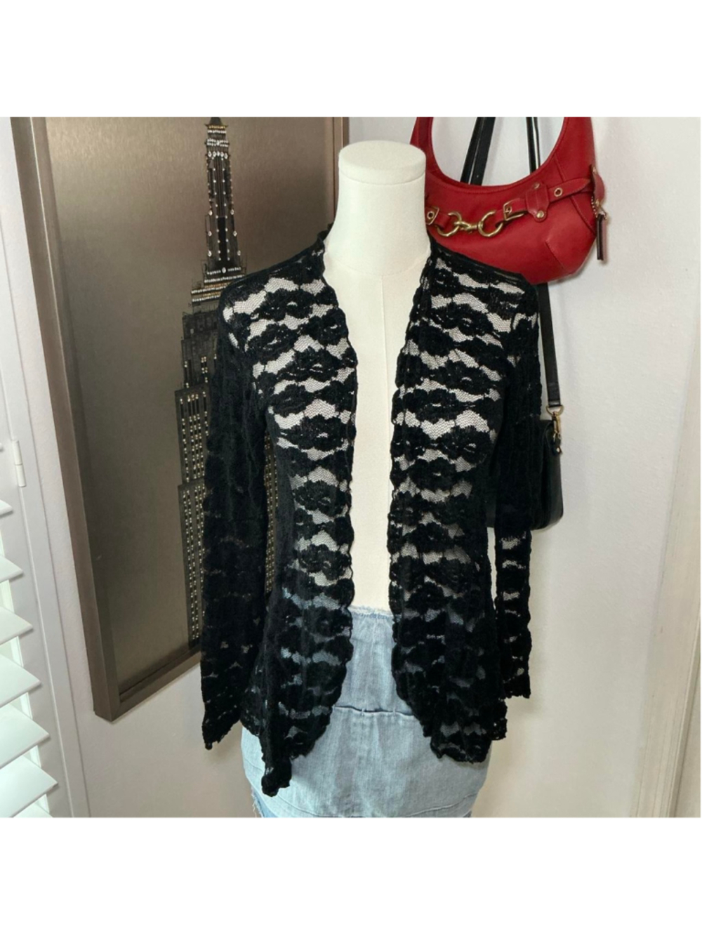 Surrealist Black Lace Open Front Cardigan Size Small Y2K Goth